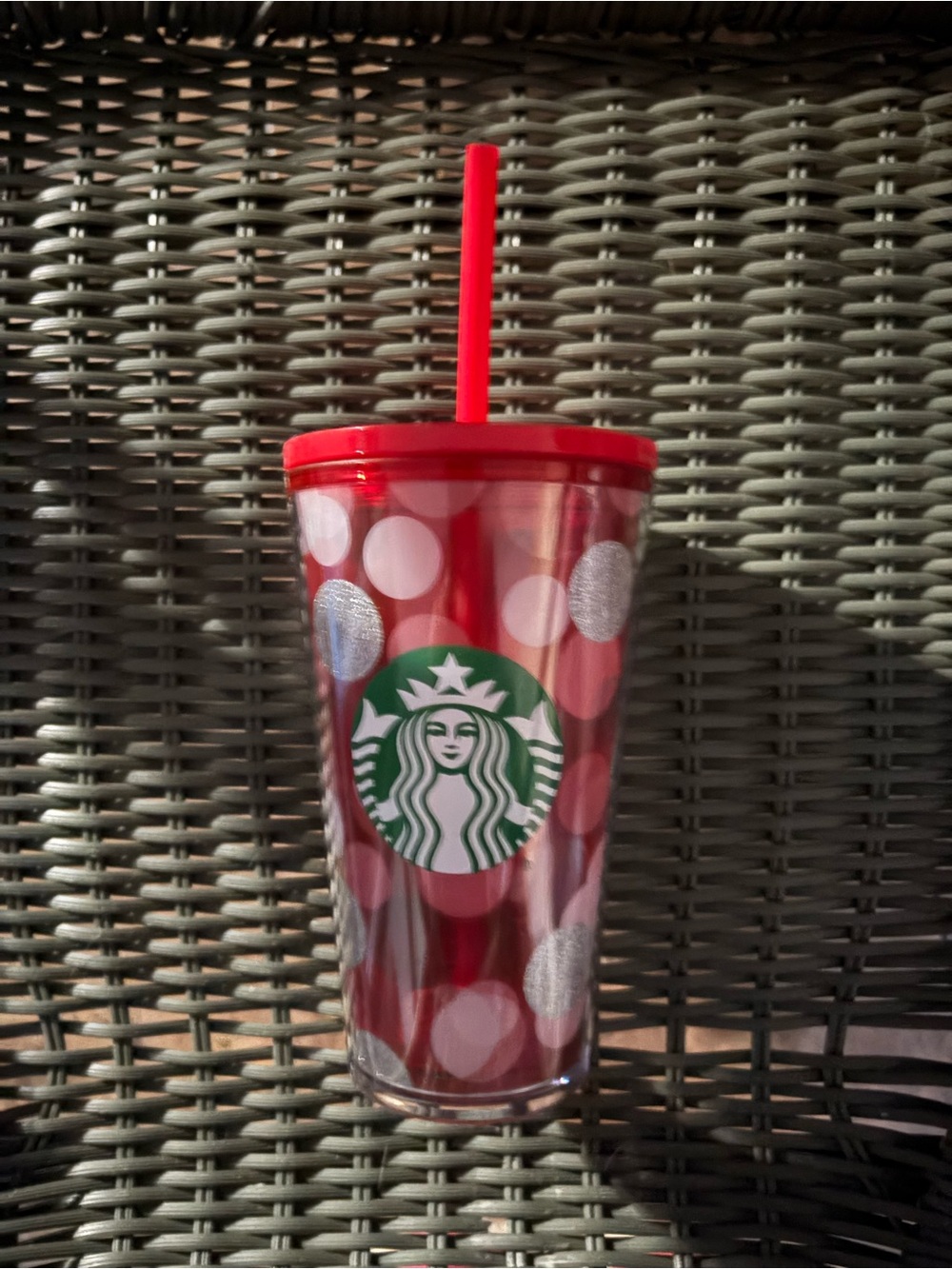 Starbucks Red and Green Polka Dot Tumbler with Straw
